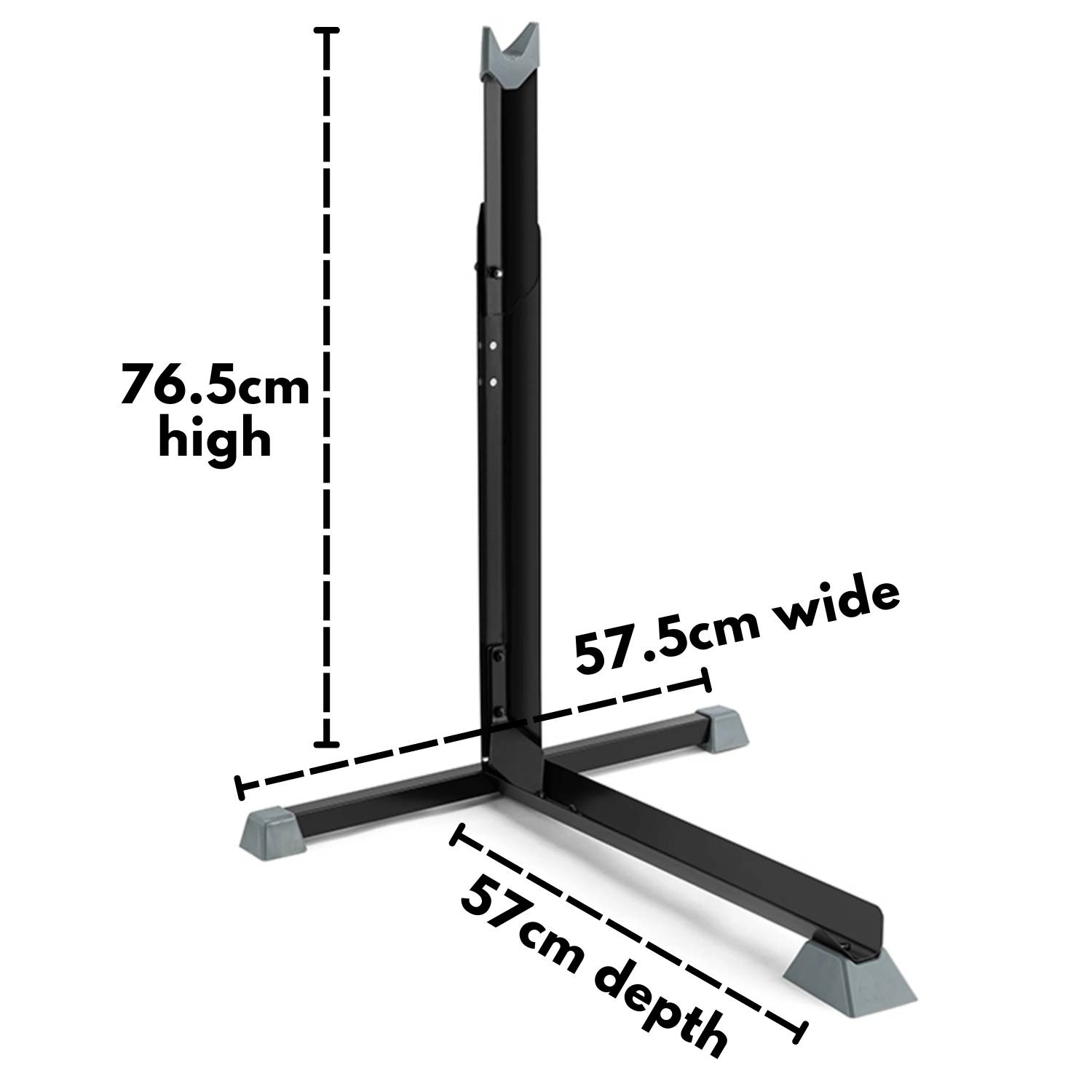 A vertical bike holder supporting a bike frame off the floor